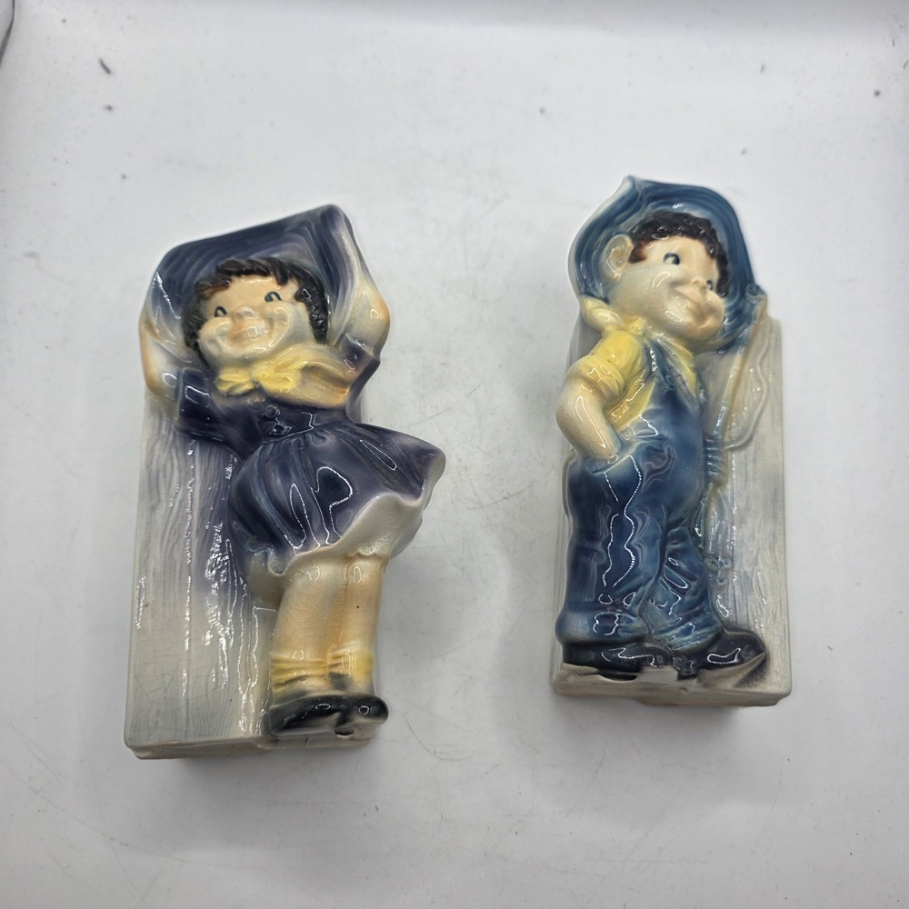 Royal Copley Boy Girl Wall Pocket Planters Pair Blue Ceramic Art Pottery
